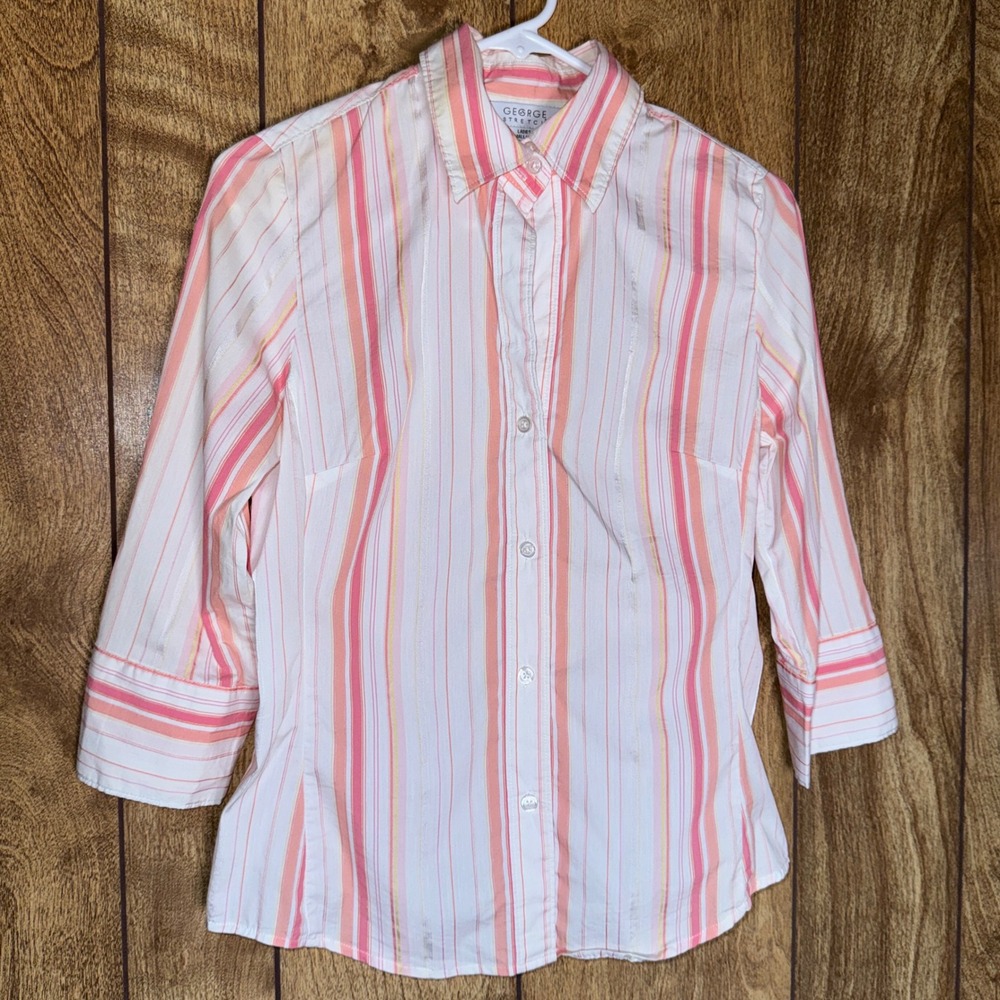 George Stretch Y2K Womens Small Peach Glow Striped 3/4 Sleeve Button Down Shirt